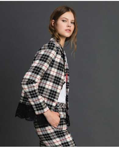 TWINSET Giacca Donna A-TI Blazer Lana Pizzo Bottone Quadri Grigia N...