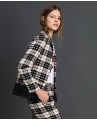 TWINSET Giacca Donna A-TI Blazer Lana Pizzo Bottone Quadri Grigia N...