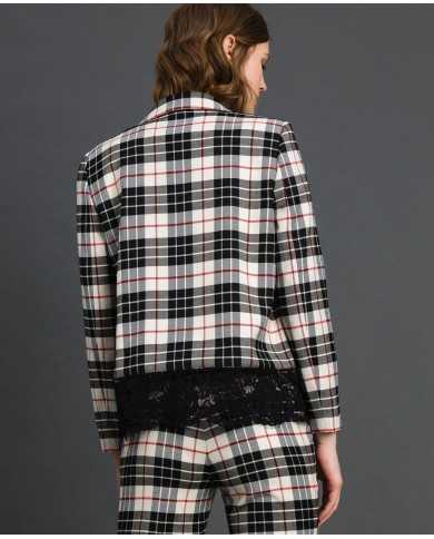 TWINSET Giacca Donna A-TI Blazer Lana Pizzo Bottone Quadri Grigia N...