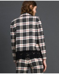 TWINSET Giacca Donna A-TI Blazer Lana Pizzo Bottone Quadri Grigia N...