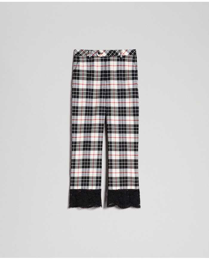 TWINSET Pantaloni Donna A-TI Flare Lana Pizzo Nero Check Quadri Gri...