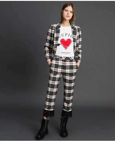 TWINSET Pantaloni Donna A-TI Flare Lana Pizzo Nero Check Quadri Gri...