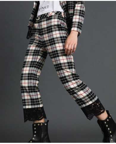 TWINSET Pantaloni Donna A-TI Flare Lana Pizzo Nero Check Quadri Gri...