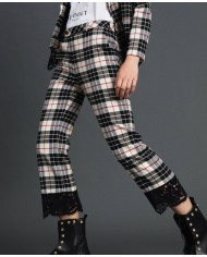 TWINSET Pantaloni Donna A-TI Flare Lana Pizzo Nero Check Quadri Gri...