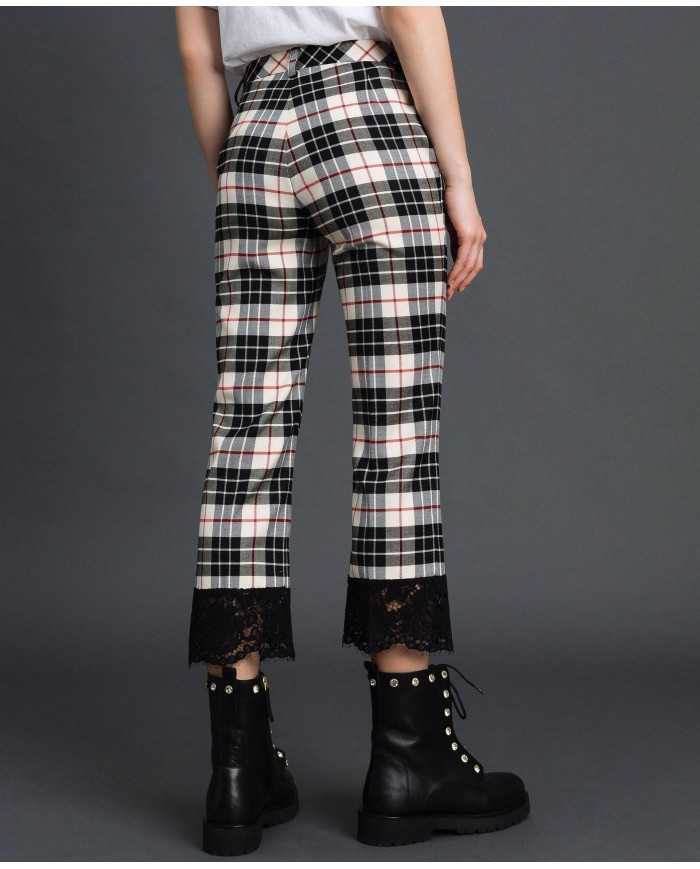 TWINSET Pantaloni Donna A-TI Flare Lana Pizzo Nero Check Quadri Gri...