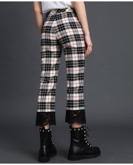 TWINSET Pantaloni Donna A-TI Flare Lana Pizzo Nero Check Quadri Gri...