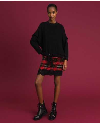 TWINSET Gonna Donna A-TI Corta Vita Alta Lana Quadri Pizzo Zip Ross...