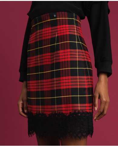 TWINSET Gonna Donna A-TI Corta Vita Alta Lana Quadri Pizzo Zip Ross...