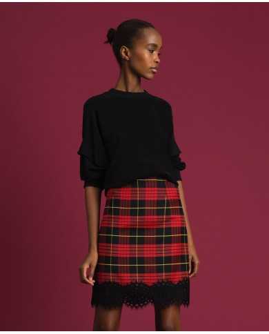 TWINSET Gonna Donna A-TI Corta Vita Alta Lana Quadri Pizzo Zip Ross...