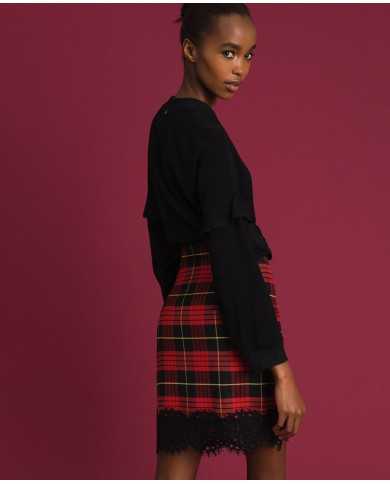 TWINSET Gonna Donna A-TI Corta Vita Alta Lana Quadri Pizzo Zip Ross...