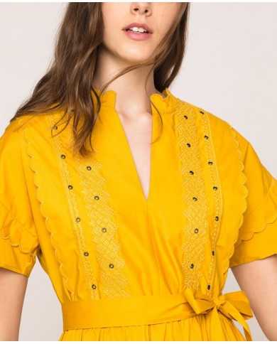 Abito giallo donna con ricami a fili e profili smerlati | TWINSET