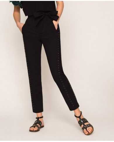 pantaloni neri donna con ricamo filo smerlato e eyelet | TWINSET pantaloni neri donna con ricamo filo smerlato e eyelet | TWINSET