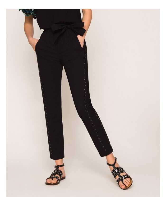 pantaloni neri donna con ricamo filo smerlato e eyelet | TWINSET