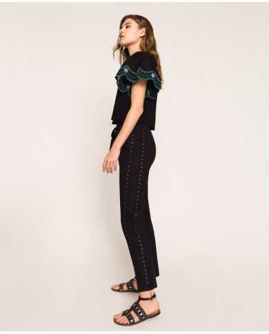 pantaloni neri donna con ricamo filo smerlato e eyelet | TWINSET pantaloni neri donna con ricamo filo smerlato e eyelet | TWINSET