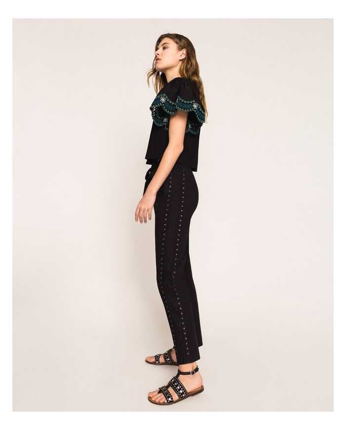 pantaloni neri donna con ricamo filo smerlato e eyelet | TWINSET pantaloni neri donna con ricamo filo smerlato e eyelet | TWINSET