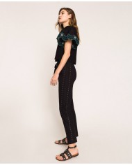 pantaloni neri donna con ricamo filo smerlato e eyelet | TWINSET