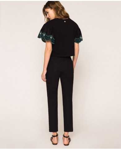 pantaloni neri donna con ricamo filo smerlato e eyelet | TWINSET pantaloni neri donna con ricamo filo smerlato e eyelet | TWINSET