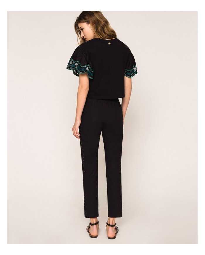 pantaloni neri donna con ricamo filo smerlato e eyelet | TWINSET