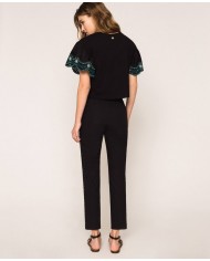 pantaloni neri donna con ricamo filo smerlato e eyelet | TWINSET