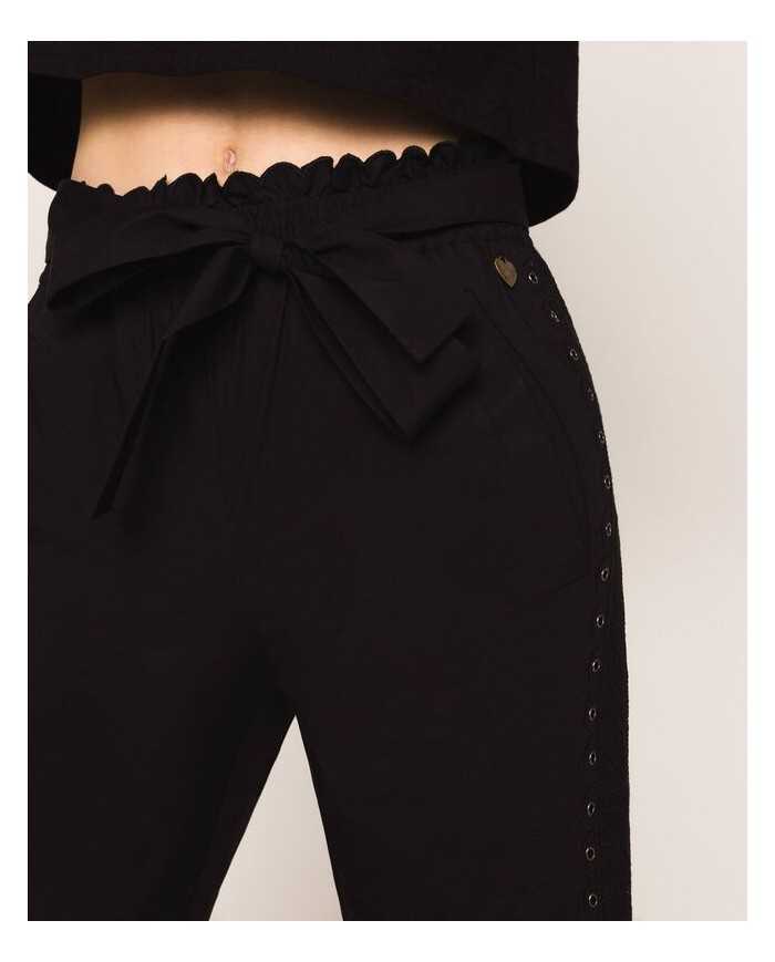 pantaloni neri donna con ricamo filo smerlato e eyelet | TWINSET