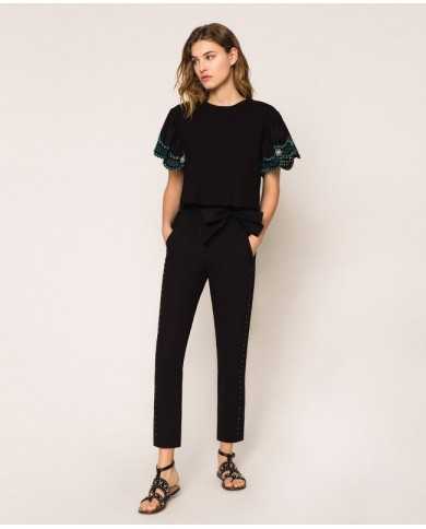 pantaloni neri donna con ricamo filo smerlato e eyelet | TWINSET pantaloni neri donna con ricamo filo smerlato e eyelet | TWINSET