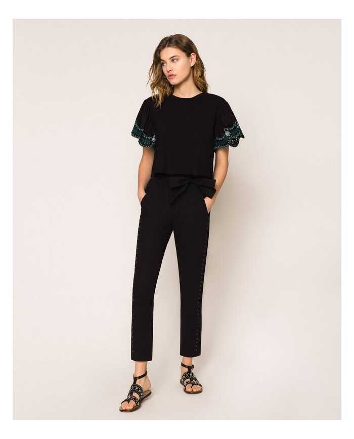 pantaloni neri donna con ricamo filo smerlato e eyelet | TWINSET