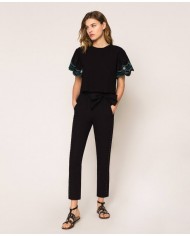 pantaloni neri donna con ricamo filo smerlato e eyelet | TWINSET