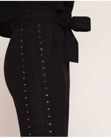 pantaloni neri donna con ricamo filo smerlato e eyelet | TWINSET pantaloni neri donna con ricamo filo smerlato e eyelet | TWINSET