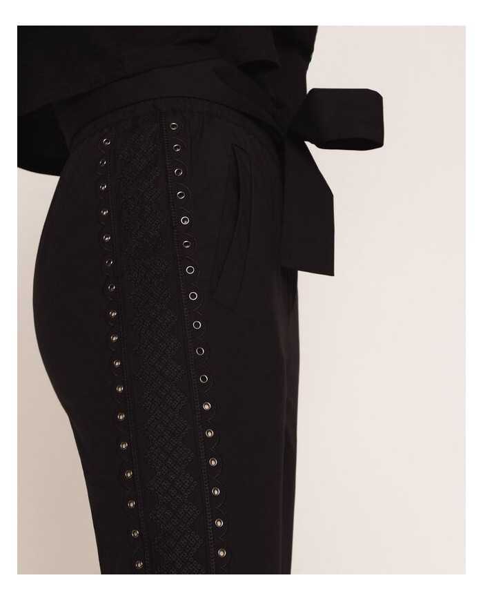 pantaloni neri donna con ricamo filo smerlato e eyelet | TWINSET