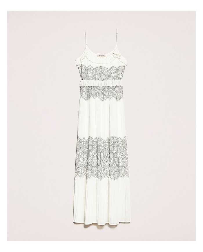 Abito lungo neve donna con intarsio di pizzo Valencienne | TWINSET