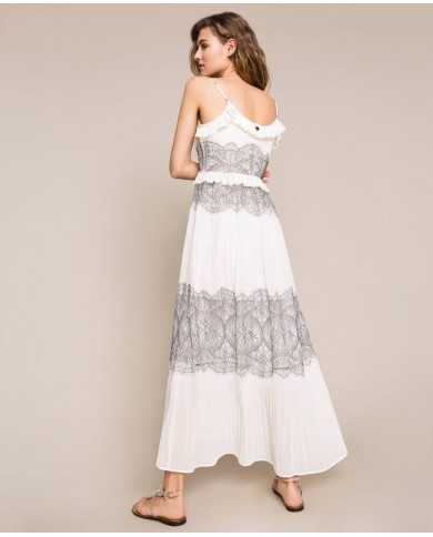 Abito lungo neve donna con intarsio di pizzo Valencienne | TWINSET Abito lungo neve donna con intarsio di pizzo Valencienne | TWINSET