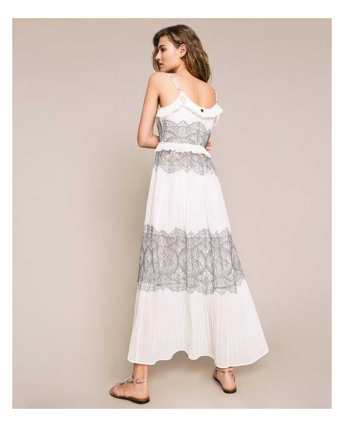 Abito lungo neve donna con intarsio di pizzo Valencienne | TWINSET Abito lungo neve donna con intarsio di pizzo Valencienne | TWINSET