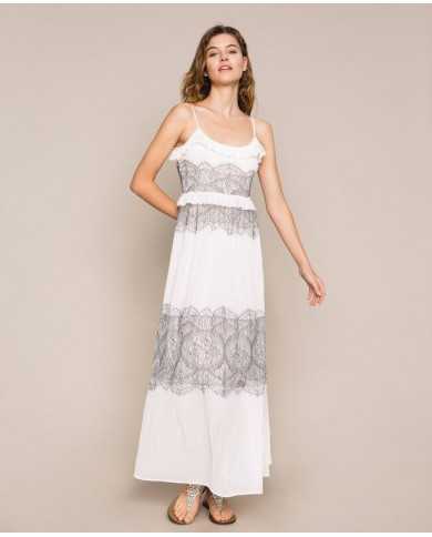 Abito lungo neve donna con intarsio di pizzo Valencienne | TWINSET Abito lungo neve donna con intarsio di pizzo Valencienne | TWINSET