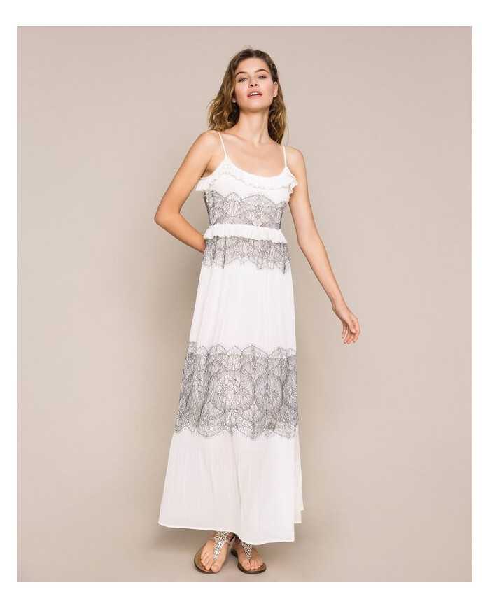 Abito lungo neve donna con intarsio di pizzo Valencienne | TWINSET