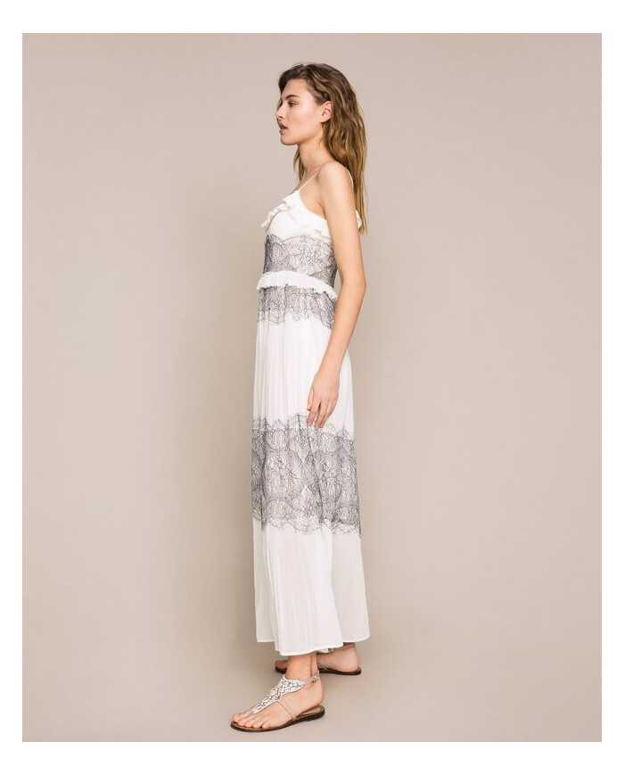 Abito lungo neve donna con intarsio di pizzo Valencienne | TWINSET