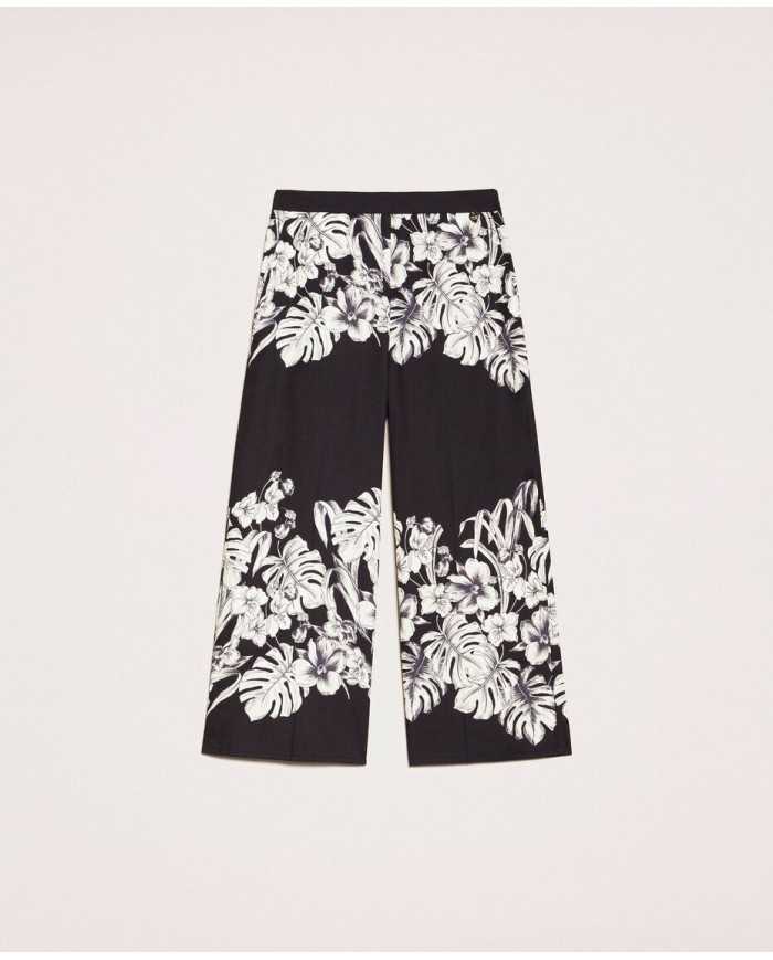 Pantaloni cropped ampi grafico nero donna con stampa a fiori | TWINSET