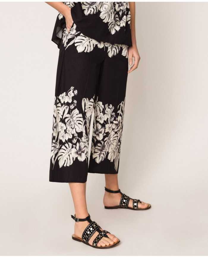 Pantaloni cropped ampi grafico nero donna con stampa a fiori | TWINSET