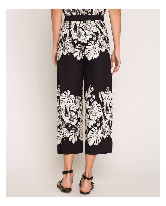 Pantaloni cropped ampi grafico nero donna con stampa a fiori | TWINSET