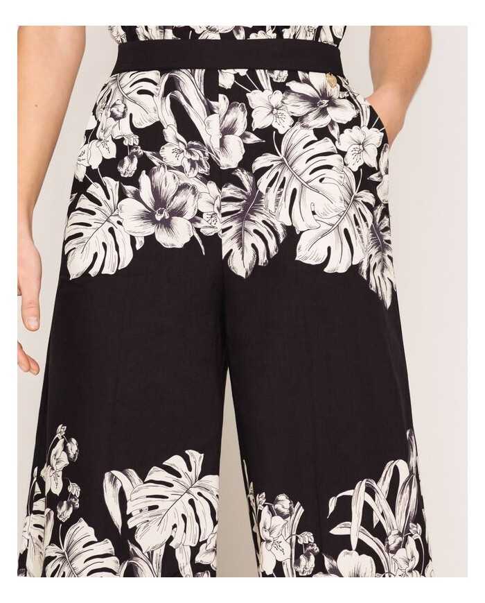 Pantaloni cropped ampi grafico nero donna con stampa a fiori | TWINSET