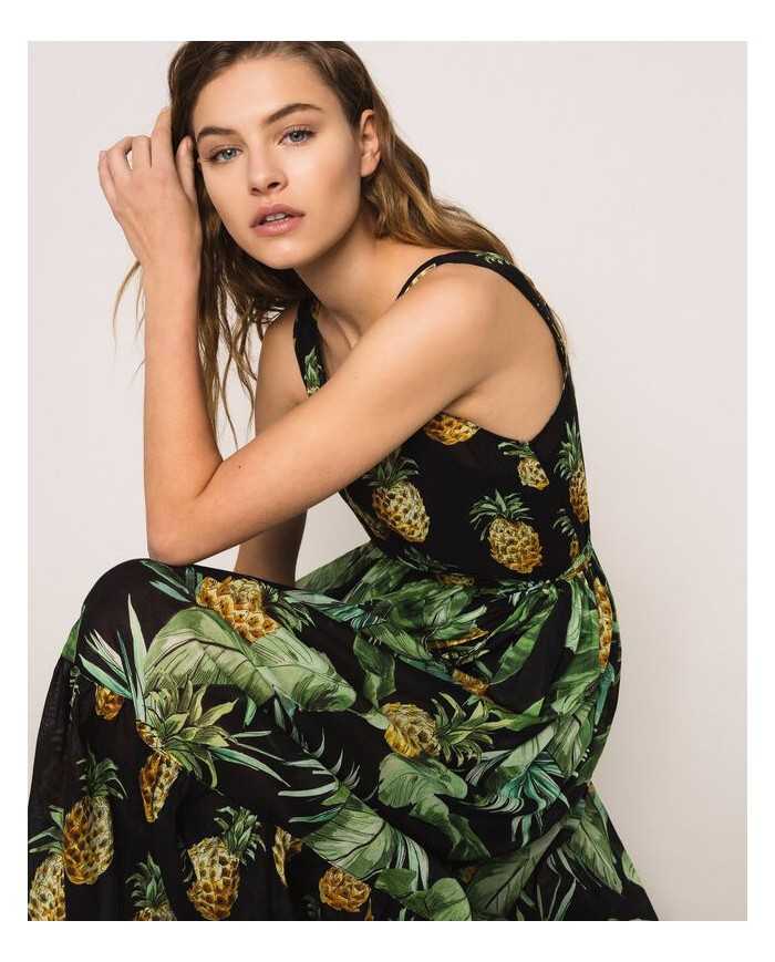 Abito lungo nero donna con stampa ananas | TWINSET Abito lungo nero donna con stampa ananas | TWINSET