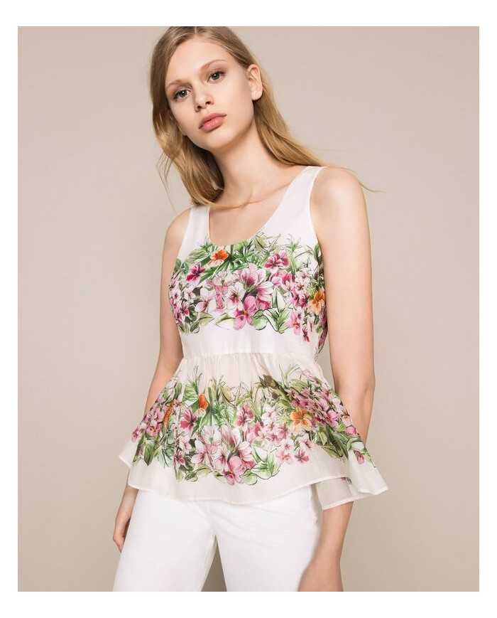 Top neve donna con stampa hibiscus e vita arricciata | TWINSET