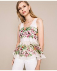 Top neve donna con stampa hibiscus e vita arricciata | TWINSET