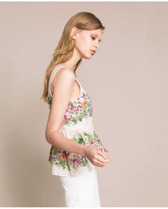 Top neve donna con stampa hibiscus e vita arricciata | TWINSET