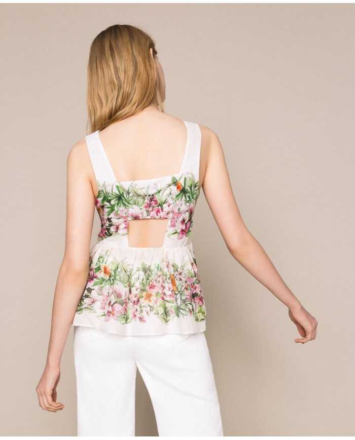 Top neve donna con stampa hibiscus e vita arricciata | TWINSET