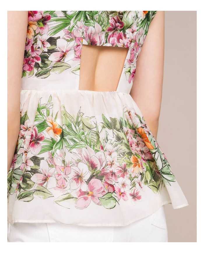 Top neve donna con stampa hibiscus e vita arricciata | TWINSET
