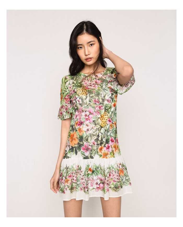 abito flowers neve donna con stampa ibiscus con volant | TWINSET