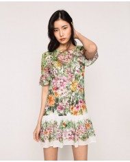 abito flowers neve donna con stampa ibiscus con volant | TWINSET