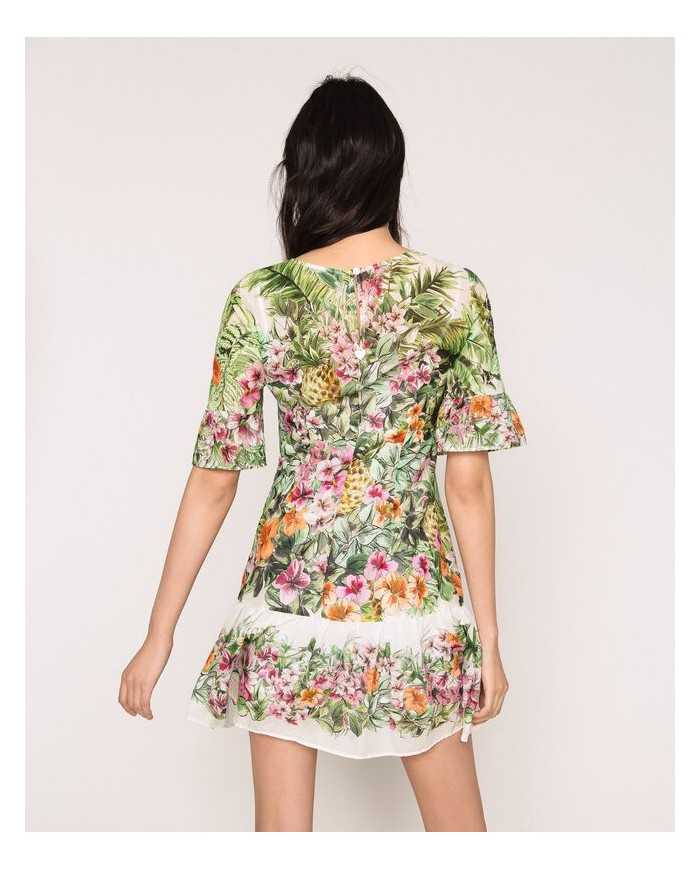 abito flowers neve donna con stampa ibiscus con volant | TWINSET