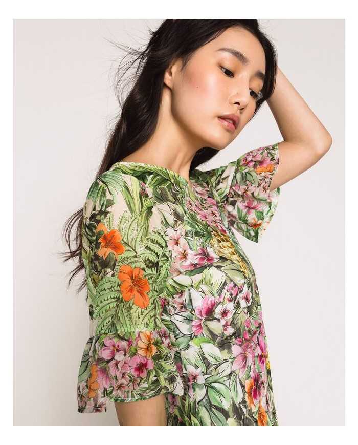 abito flowers neve donna con stampa ibiscus con volant | TWINSET