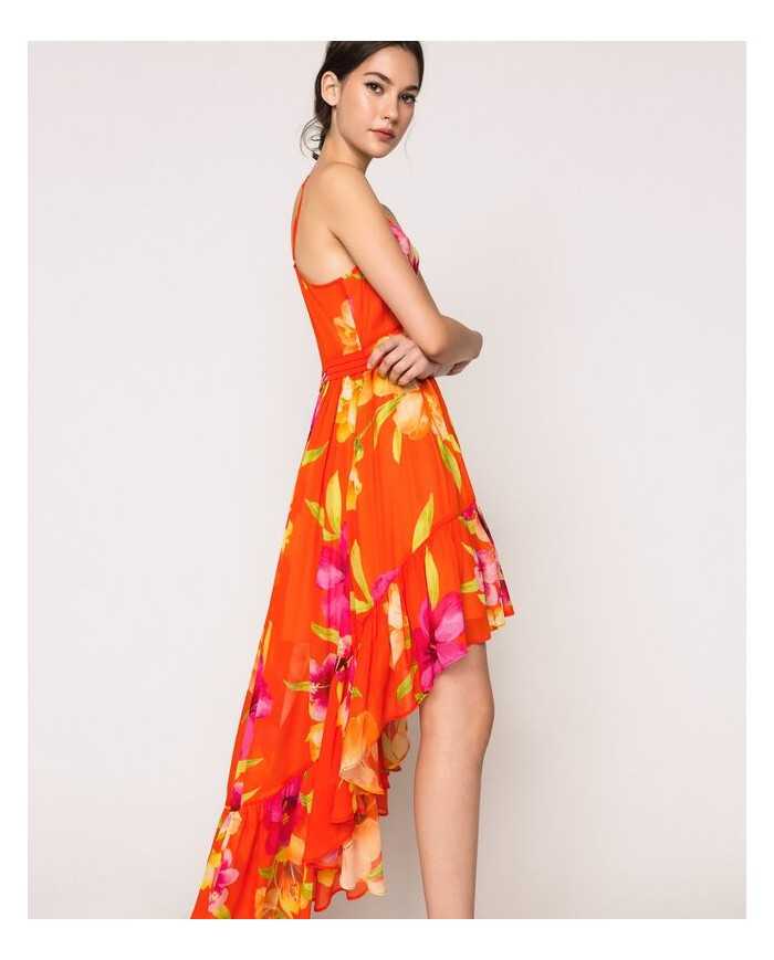 Abito arancione donna con stampa Hibiscus Flame | TWINSET Abito arancione donna con stampa Hibiscus Flame | TWINSET